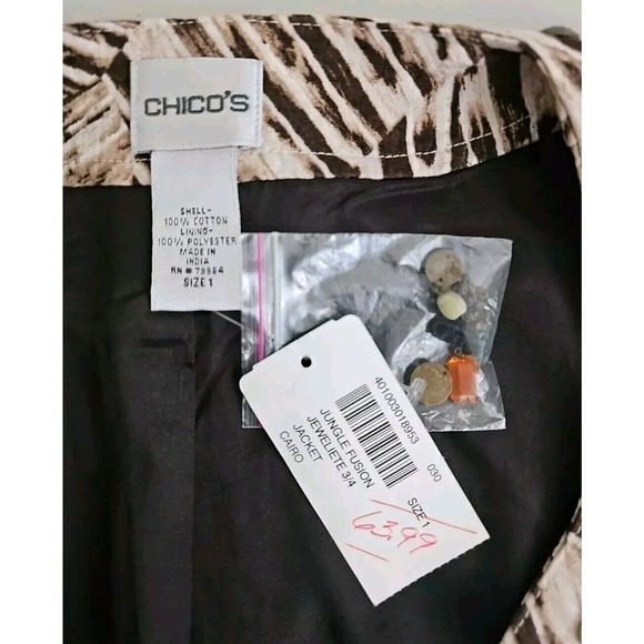 Chico’s ~Woman Size 1(M)~ Beige/Brown Blazer Fully Lined Jacket Beaded NWT. - Picture 2 of 9